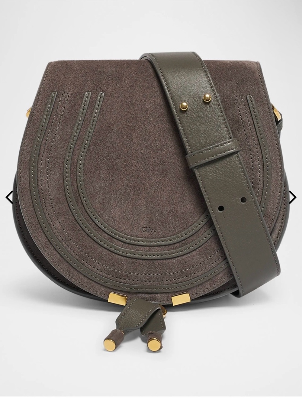 New Chloé Crossbody Saddle Bag in Taupe Suede with Olive Leather Trim